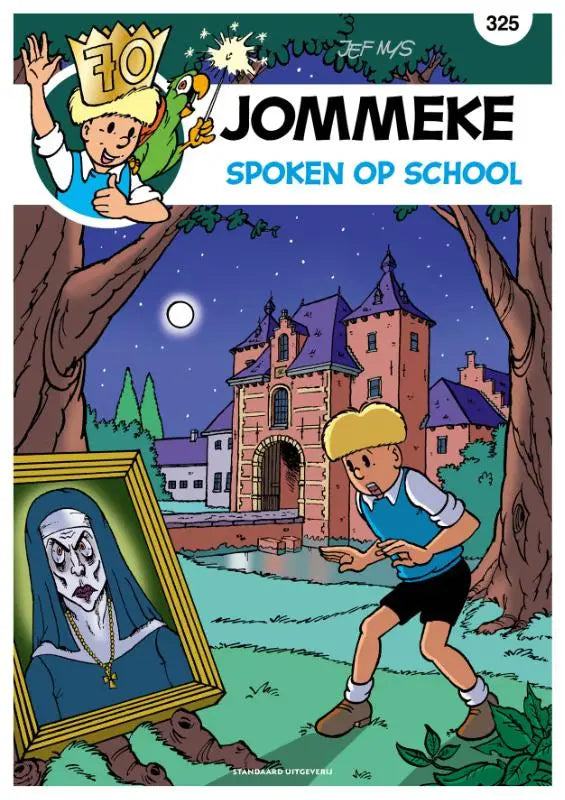 Gouden lijst met portret van non in donkerblauw habijt voor gesproken les op school door dieter steenhaut kristof berte