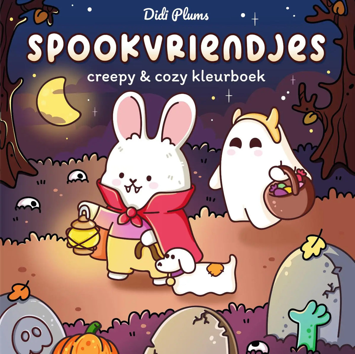 Een charmant geïllustreerd kinder kleurboek spookvriendjes met een witte konijn in rode cape en spook bij didi plums