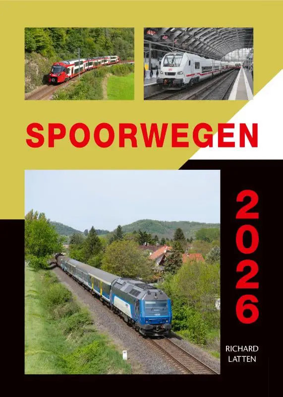 Cover van de spoorwegen 2026 kalender met rood-witte en blauwe locomotieven in landschappen en op station