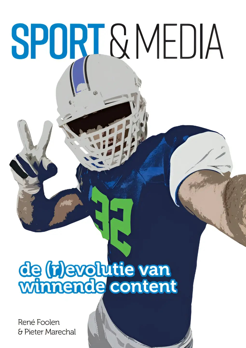 Een gestileerde illustratie van een footballspeler met een wit helm met blauwe strepen en een marineblauw shirt nummer 32 in felgroen voor arko sports media
