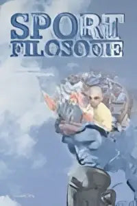 Blauw getinte boekomslag van sportfilosofie met illustraties van atleten en een gestileerd gezicht op de achtergrond