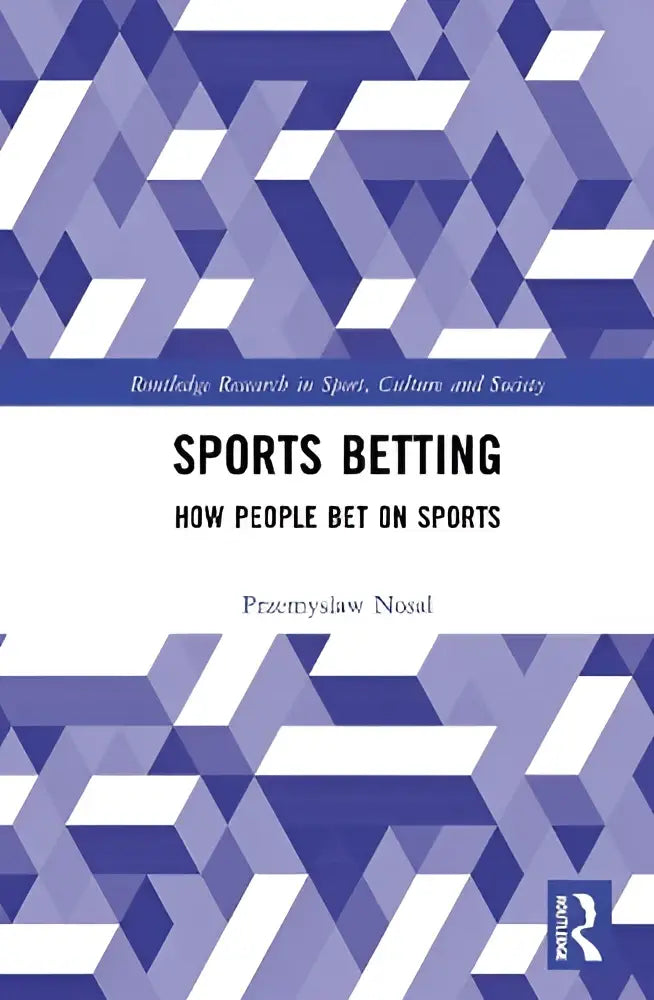 De boekcover toont een paars-wit geometrisch patroon met de titel sports betting hoe people bet op sports door przemysław nosal