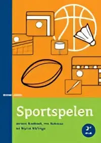 Oranje en groene boekomslag met gestileerde witte lijnen van sportartikelen voor sportspelen betekenisvol leren