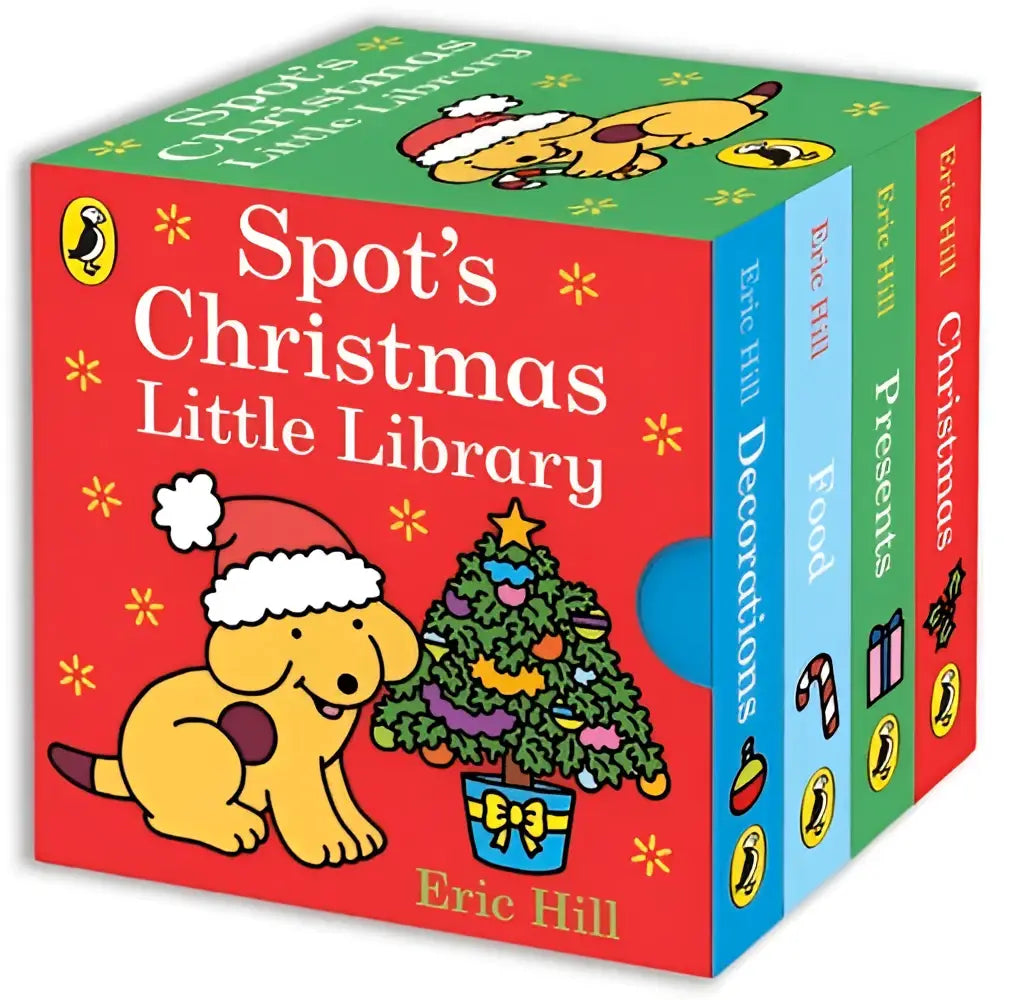 Rode kartonnen doos met gele puppy in santa hoed en versierde kerstboom voor christmas little library