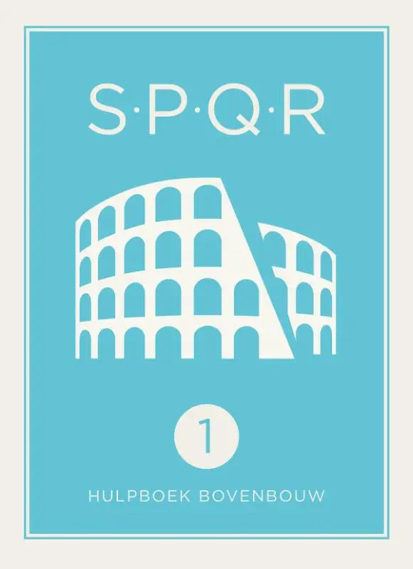 Minimalistische witte lijntekening van het colosseum met spqr latijn en hulpbeoek bovenbouw op lichtblauwe achtergrond