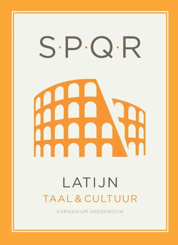 Oranje colosseum logo op crèmekleurige achtergrond met spqr latijn tekstboek voor latijn taal en cultuur onderwijs