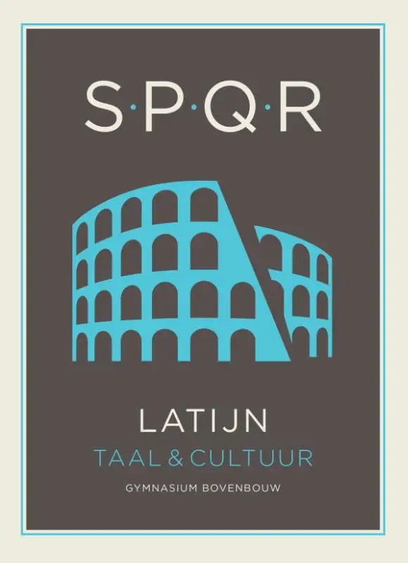 Stylized turquoise colosseum graphic on dark brown background with light blue borders for spqr taal en cultuur product