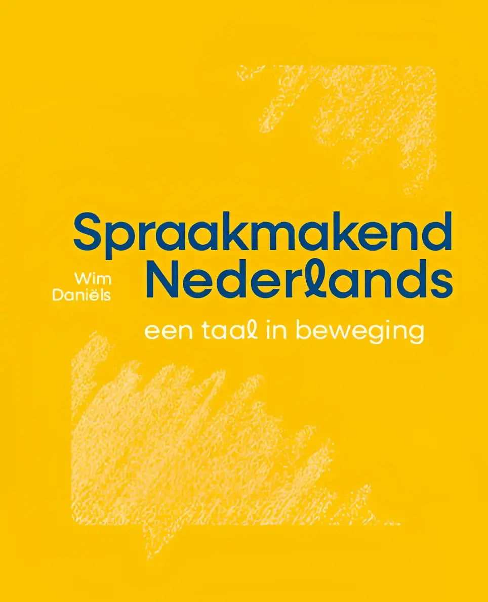 Bright yellow book cover with spraakmakend nederlands title in bold blue and white textured abstract design frame