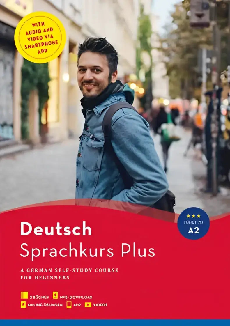 De cover van de a2-level deutsch sprachkurs plus zelfstudieboek met een lachende man in een denim jas voor een stadsachtergrond voor manier duits leren complete taalcursus