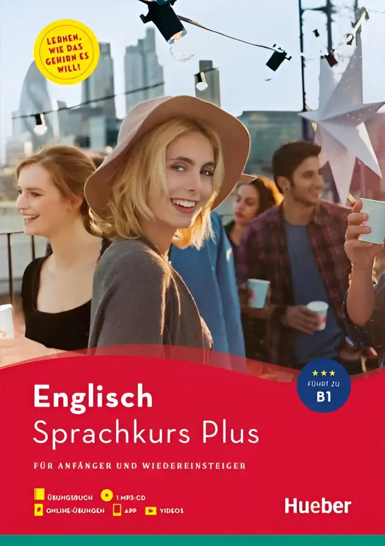 De voorkant van het englisch sprachkurs plus taalpakket van hueber met een lachende vrouw in een brede hoed