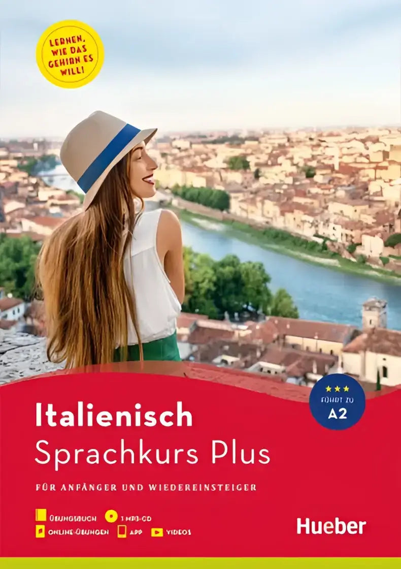Cover van de italienisch sprachkurs plus taalcursus van hueber met vrouw in strohoed voor een italiã«s stadsgezicht