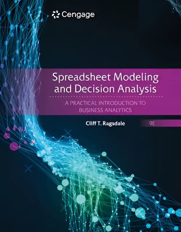 Boekomslag met paarsblauw digitaal netwerkontwerp voor spreadsheet modeling en decision analysis als introductie tot business analytics