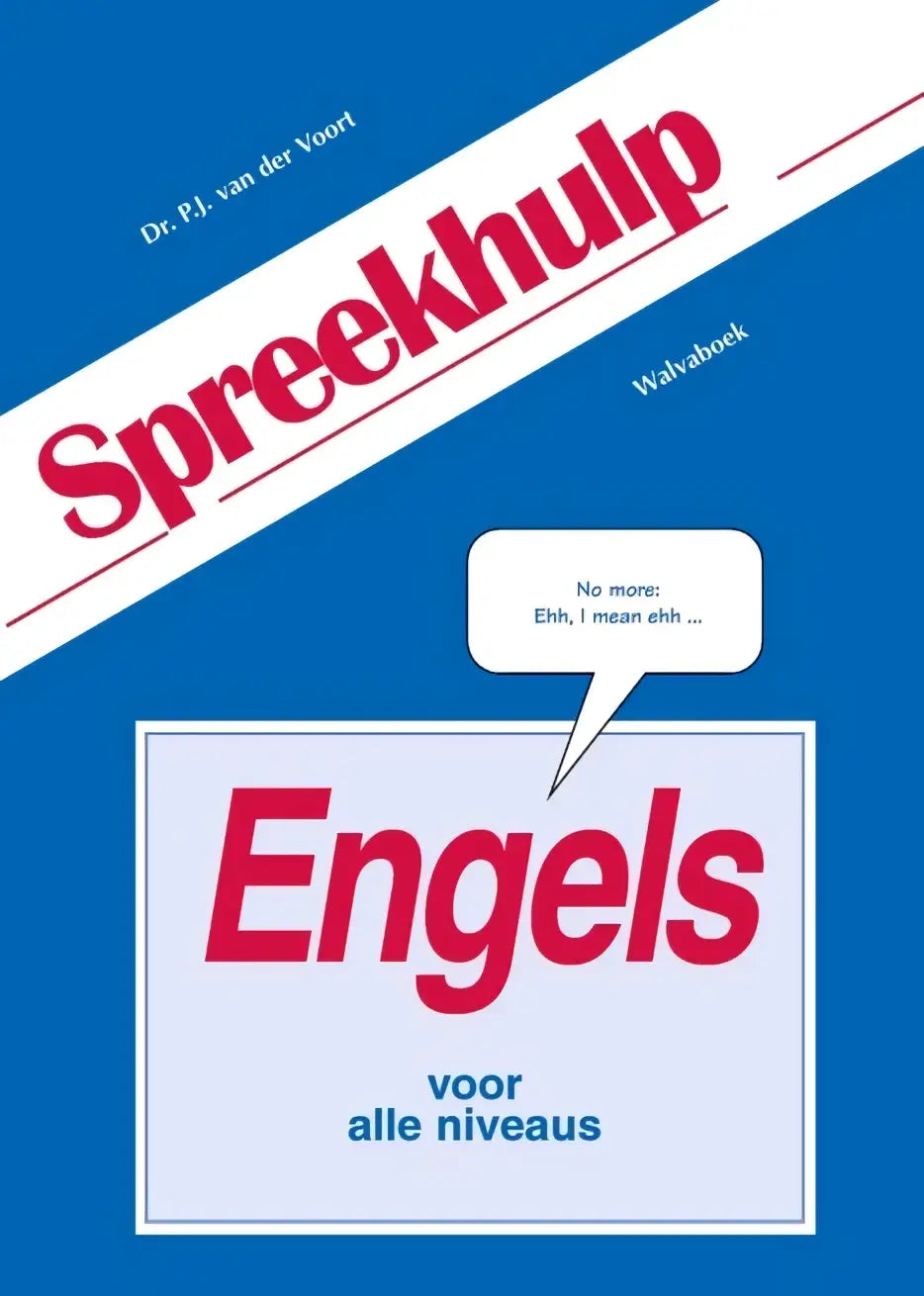 Blauw boek spreekhulp engels met rode tekst en witte spraakballon no more ehh i mean ehh gericht op talen algemeen binnen talen