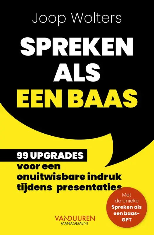 Zwarte en gele boekcover spreken als een baas van joop wolters met spraakballonontwerp voor onuitwisbare indruk bij presentaties