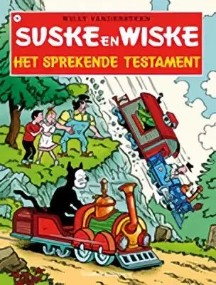 Rode en groene cartoon trein met zwarte stoomlocomotief in het sprekende testament van willy vandersteen strips algemeen