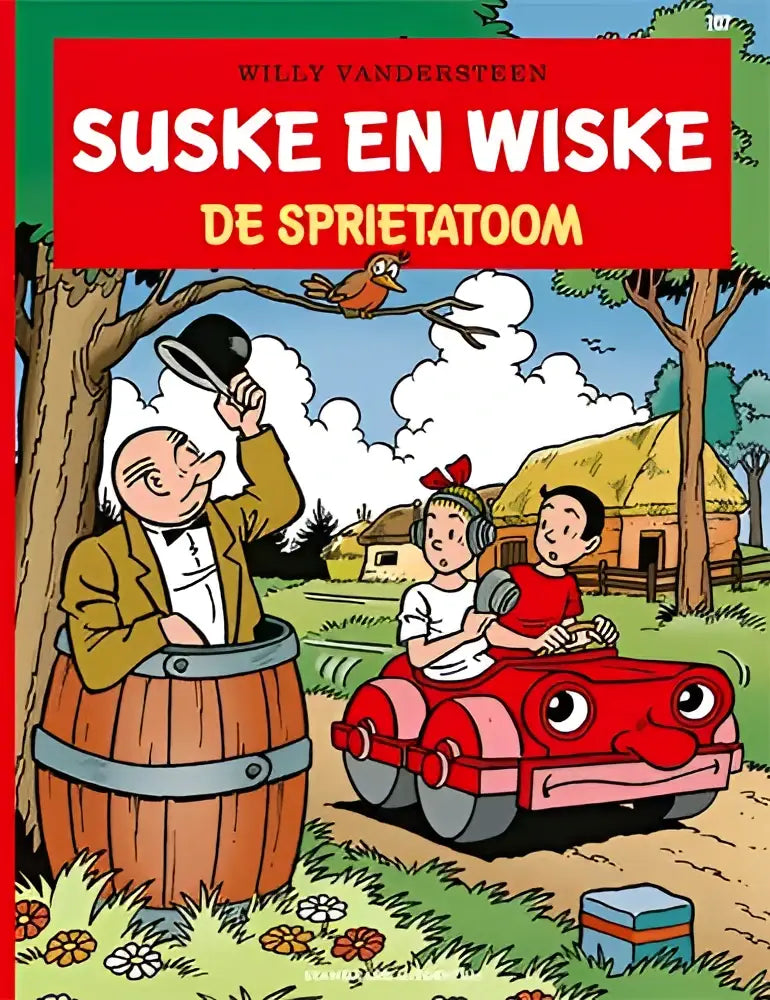 Rode cartoonauto met grote ogen en glimlachend gezicht, bestuurd door twee kinderen in landelijke omgeving in de sprietatoom
