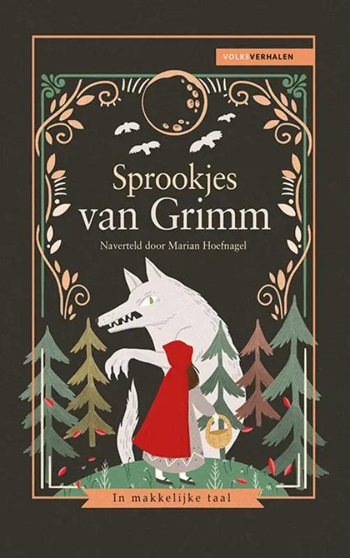 Een gestileerde illustratie van een witte wolf met groene ogen en scherpe tanden achter een klein figuur in een rode jurk op sprookjes van grimm voor volwassenen