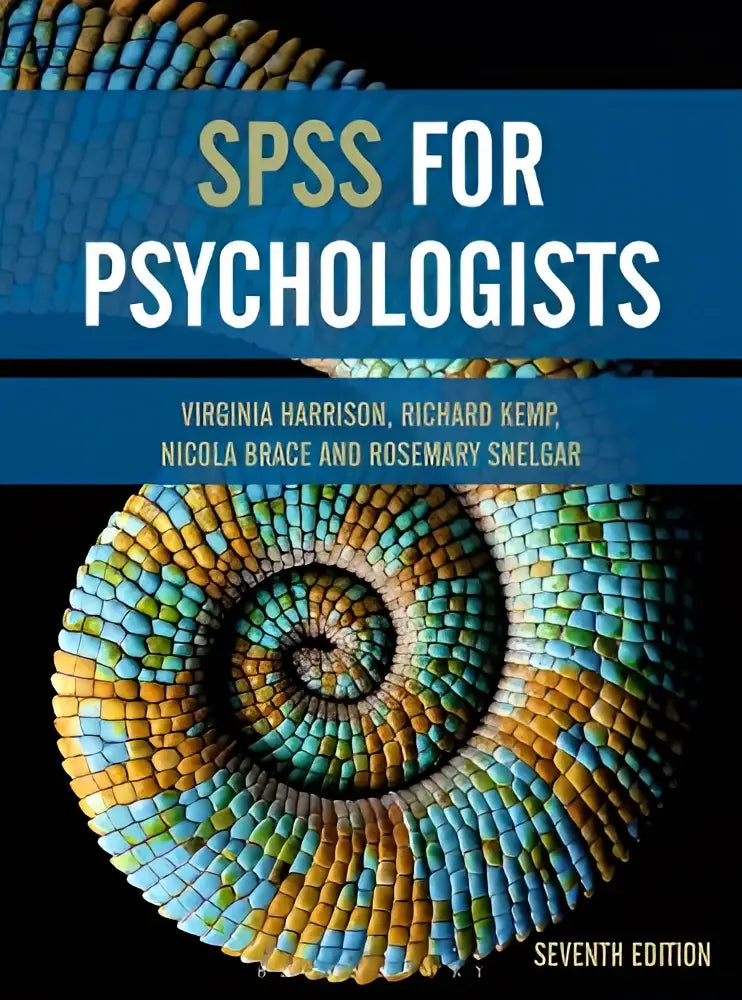 De boekcover van spss voor psychologen toont een levendig spiraalvormig kameleonschubbenpatroon in blauw, groen en geel tegen een zwarte achtergrond