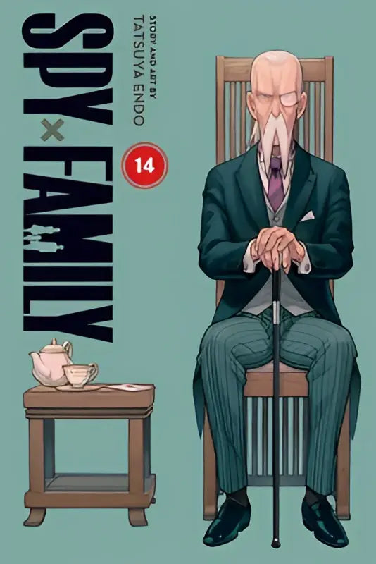 De cover van spy x family volume 14 toont een elegante oudere man met wit haar en baard in een groen pak