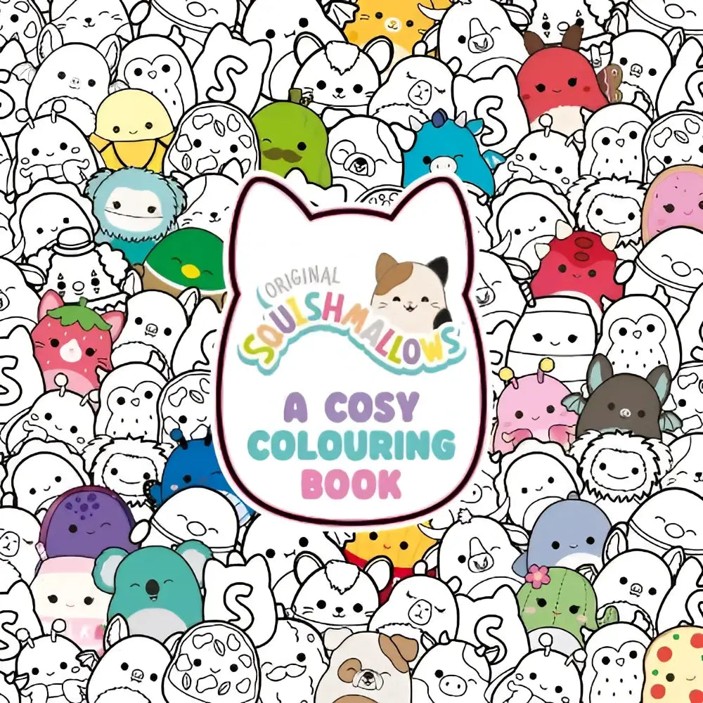 A cosy colouring book titled squishmallows featuring a playful cat-shaped cover and whimsical character outlines for colouring