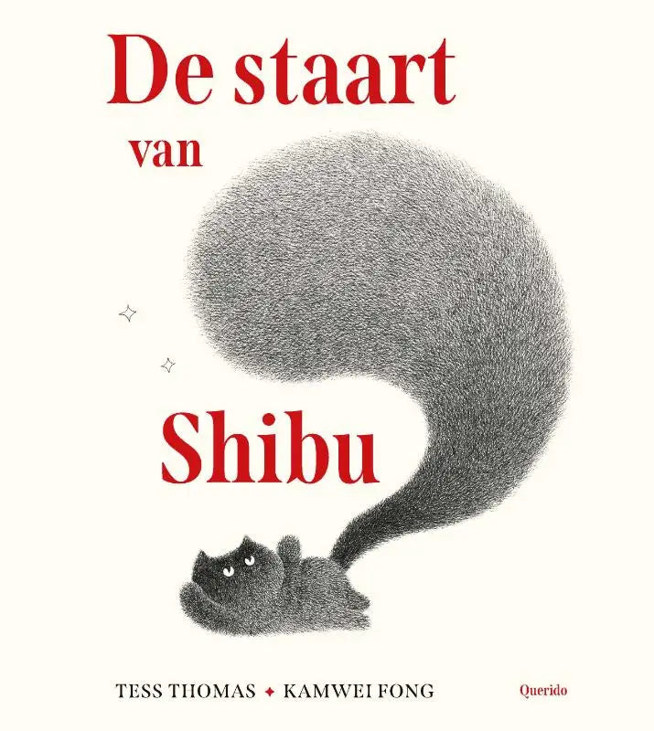 A zwart-wit geïllustreerd boekcover van de staart van shibu met een speelse eekhoorn en grote pluizige staart voor jonge lezers