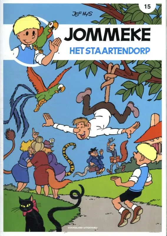 De cover van het jommeke stripboek het staartendorp door jef nys toont kleurrijke karakters en dieren tegen een helderblauwe lucht