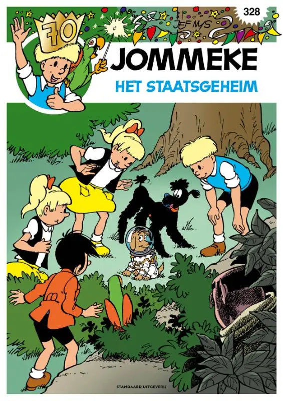 Jommeke comic boek cover van het staatsgeheim met kleurrijke illustratie door jef nys en marc legendre informatieve strips