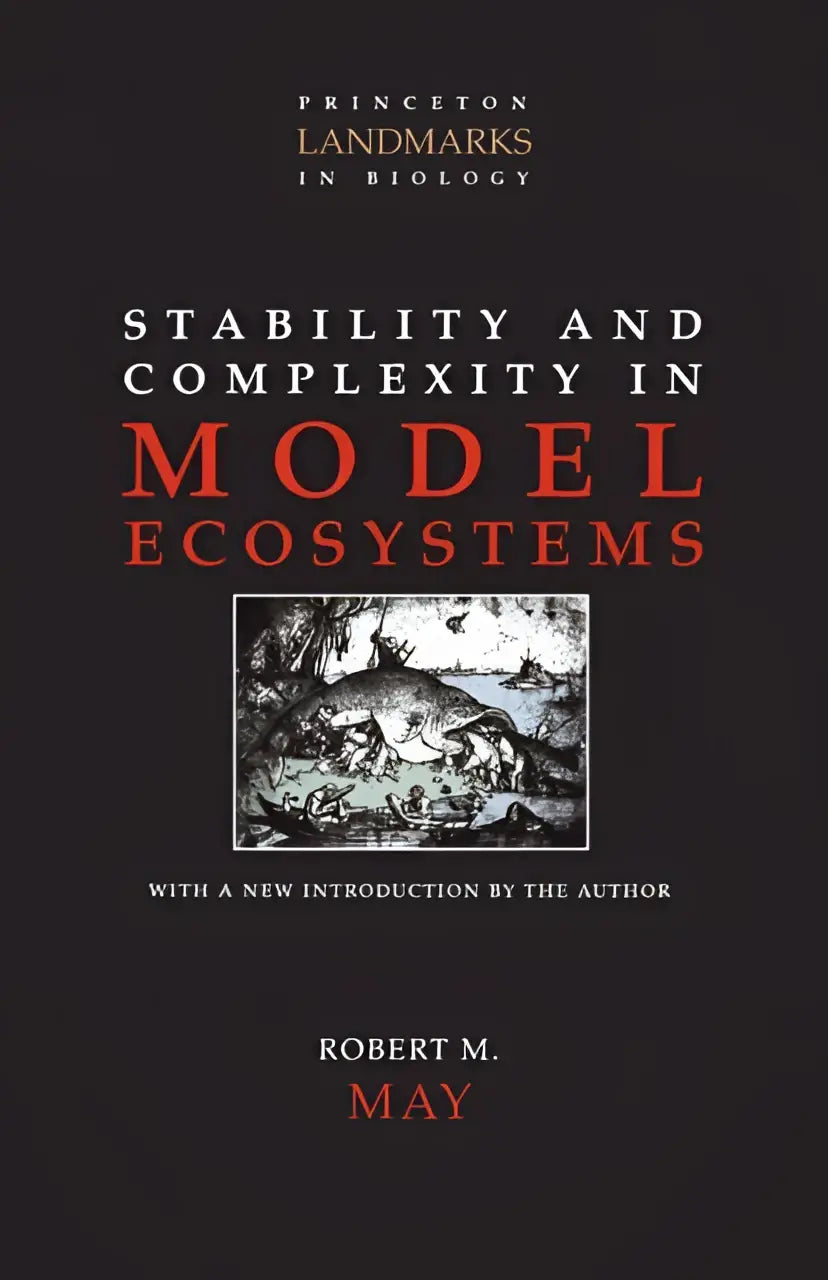 Zwart hardcover boek met rode en witte tekst stability and complexity in model ecosystems door robert m