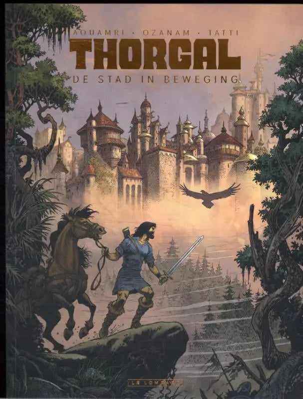 De stad in beweging thorgal comic cover with warrior in blue tunic on dark horse near ornate castle warm sky strips algemeen thorgal saga