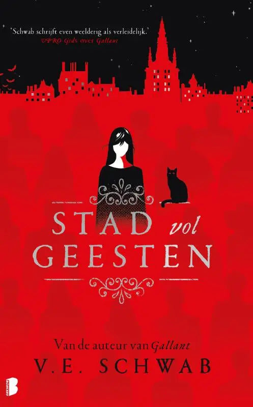 Rode boekomslag van stad vol geesten met zwarte silhouet van vrouw met lange haren en kat cassidy blake