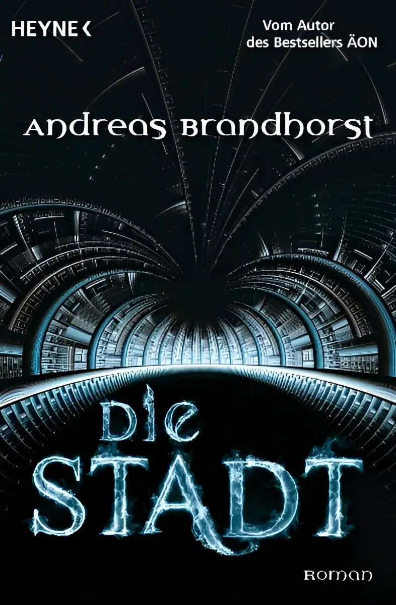 De boekomslag van die stadt toont een blauwe, gloeiende titel en een futuristische tunnel met metalen structuren