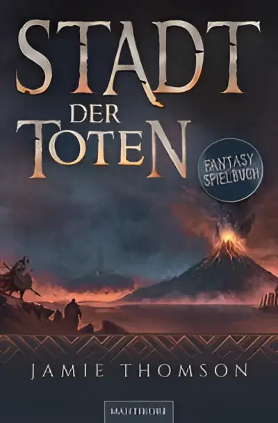 Cover van de fantasy roman stadt der toten door jamie thomson met dramatisch vulkanisch landschap en silhouetten