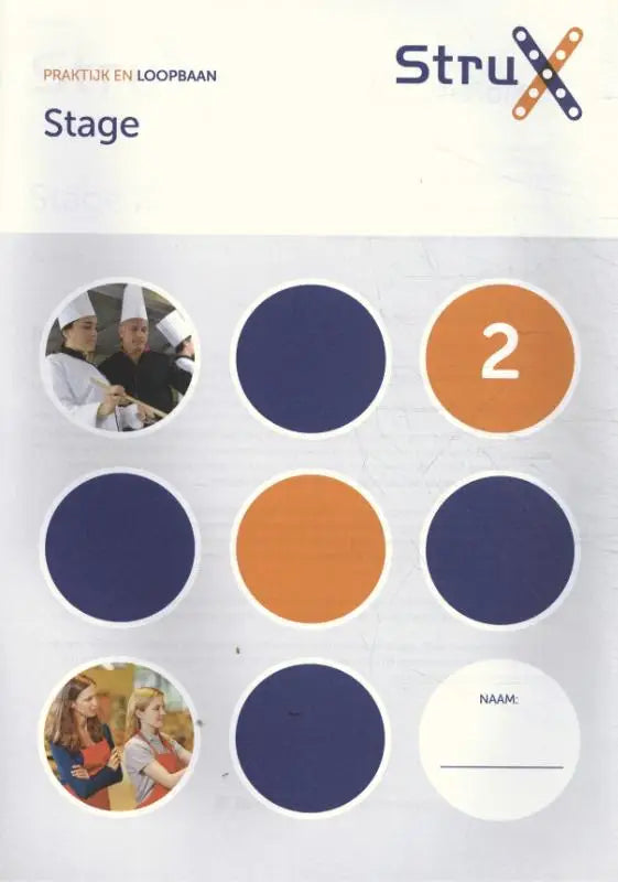 De voorkant van een strux educatief werkboek stage level 2 met cirkelvormige kleurstalen en foto’s in het ontwerp