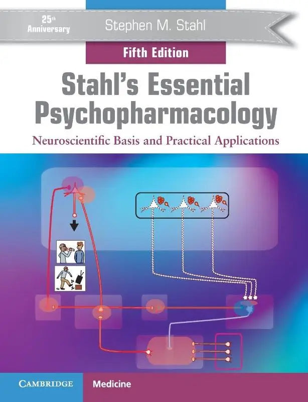Vijfde editie van staal’s essential psychopharmacology met een blauw-paarse omslag en diagrammen over neuroscientific basis en praktische toepassingen
