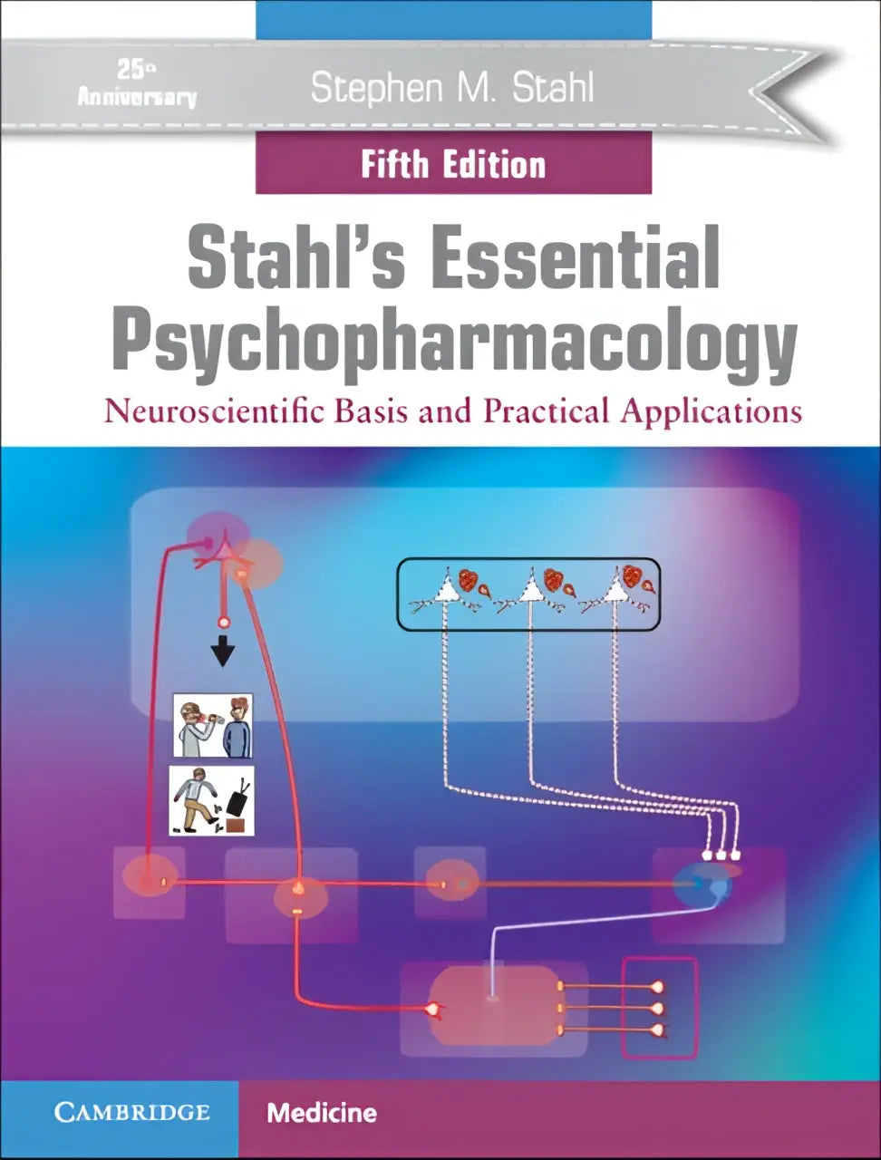 Vijfde editie van stahls essential psychopharmacology medisch boek met blauwe paarse omslag en neuroscientific basis en praktische toepassingen diagrammen