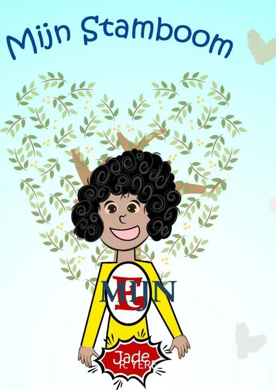 Een vrolijk cartoonkind met krullend zwart haar draagt een geel shirt met wit ovaal en rode letters onder een groene boom in Mijn Stamboom