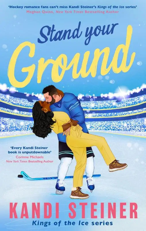 De boekcover van stand your ground toont een levendige illustratie van twee hockeyspelers in blauwe en gele truien