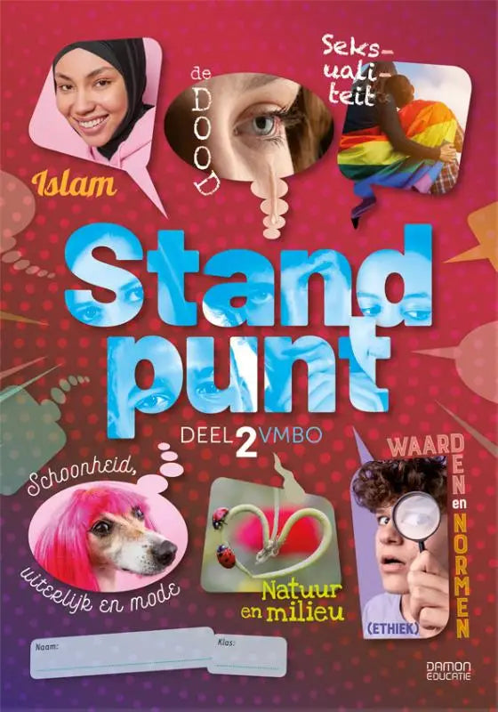 De voorkant van het Nederlandse educatieve leerboek Standpunt vmbo niveau 2 met blauwe letters op rode achtergrond