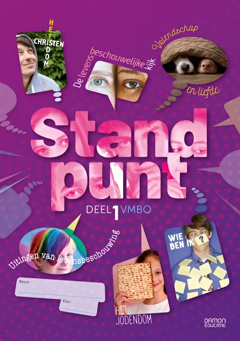 Purper boekomslag van het product standpunt met de titel in roze letters en afbeeldingen van gezicht, ogen, apen en kinderen