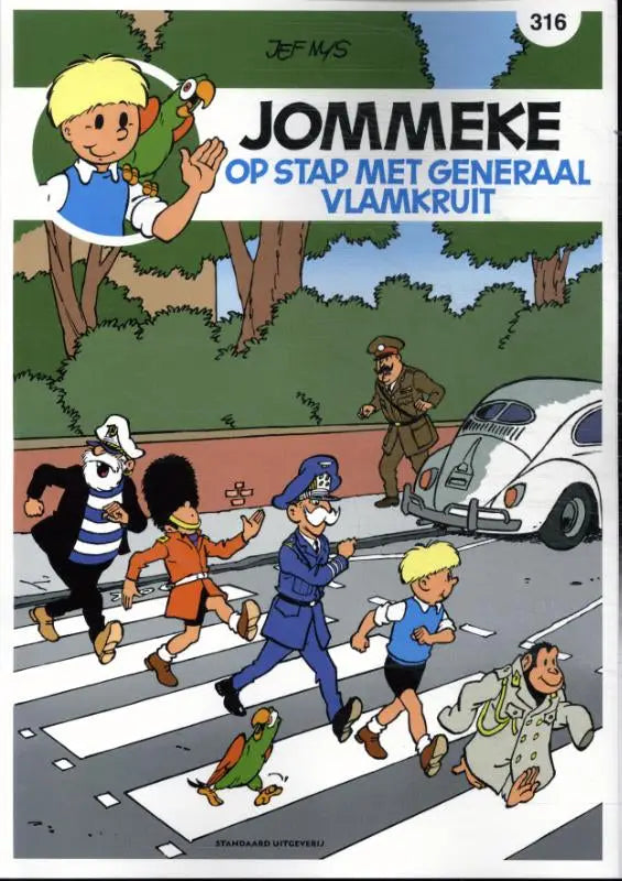 De cover van de jommeke stripboek op stap met generaal vlamkruit met kleurrijke illustratie en zebrapad