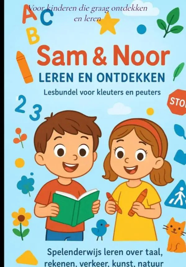 Brightly illustrated kinderen leren werkboek stap leren graag ontdekken met jonge lezers sam en noor blauw achtergrond