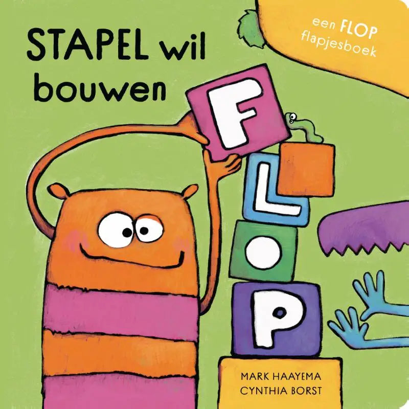 Oranje gestreept figuur in stapel wil bouwen boek houdt paars blok met letter f vast