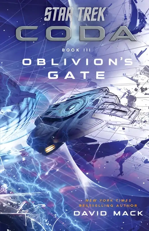De cover van star trek coda boek 3 oblivion’s gate toont een donkerblauw en zilver sterrenschip in paarse energievelden