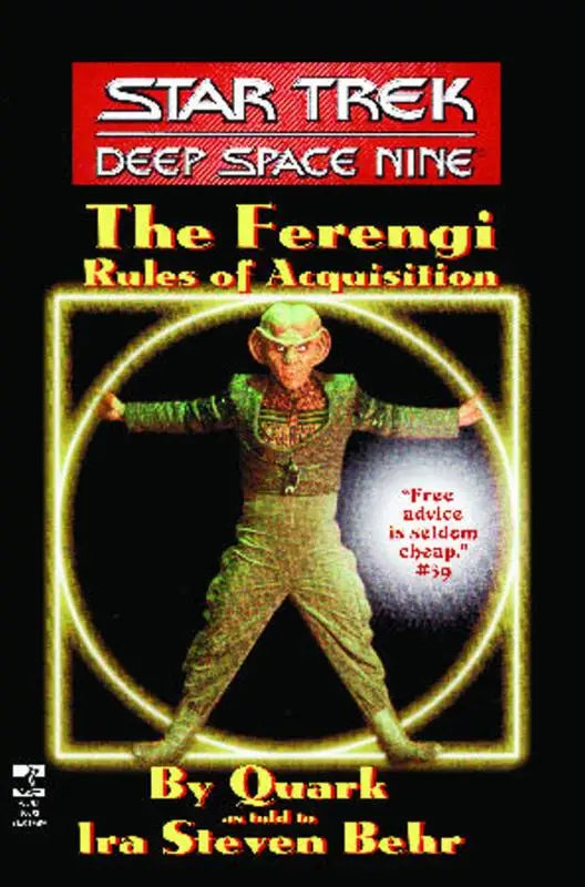 Deeps space nine novel cover featuring a green-skinned ferengi in an olive-green suit with gold trim and hat