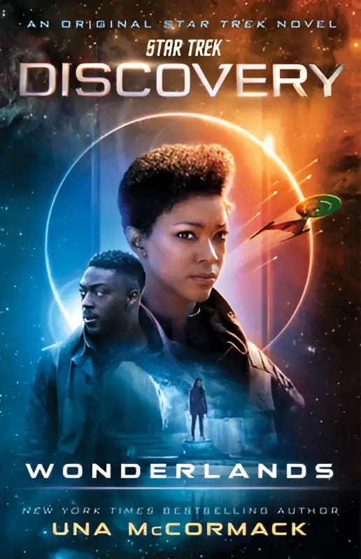 De omslag van de star trek discovery roman wonderlands door una mccormack met een centraal portret en kosmische blauwe en oranje verlichting
