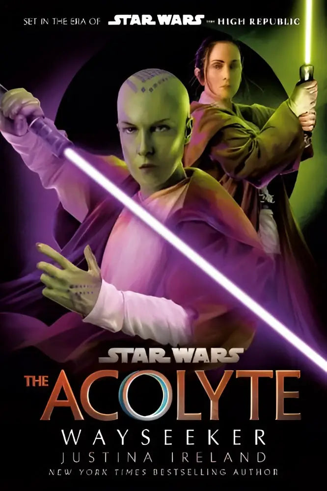 De cover van star wars the acolyte wayseeker toont twee personages met paarse lightsabers tegen een donkere achtergrond