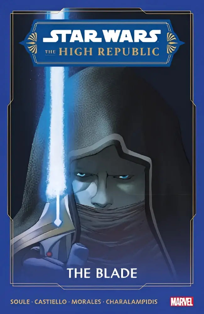 Blauw verlichte lichtenzwaardknop van star wars the high republic met donkere figuur in capuchon op de voorgrond