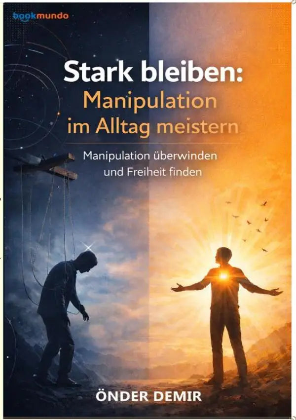 De boekcover van stark bleiben toont een split ontwerp met donkerblauw en oranje en symboliseert manipulatie im alltag en und freiheit finden