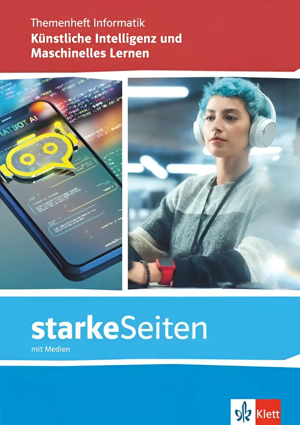 De cover van het arbeitsheft mit medien klasse toont een smartphone met een geel gloeiend ai robot icoon en digitale code
