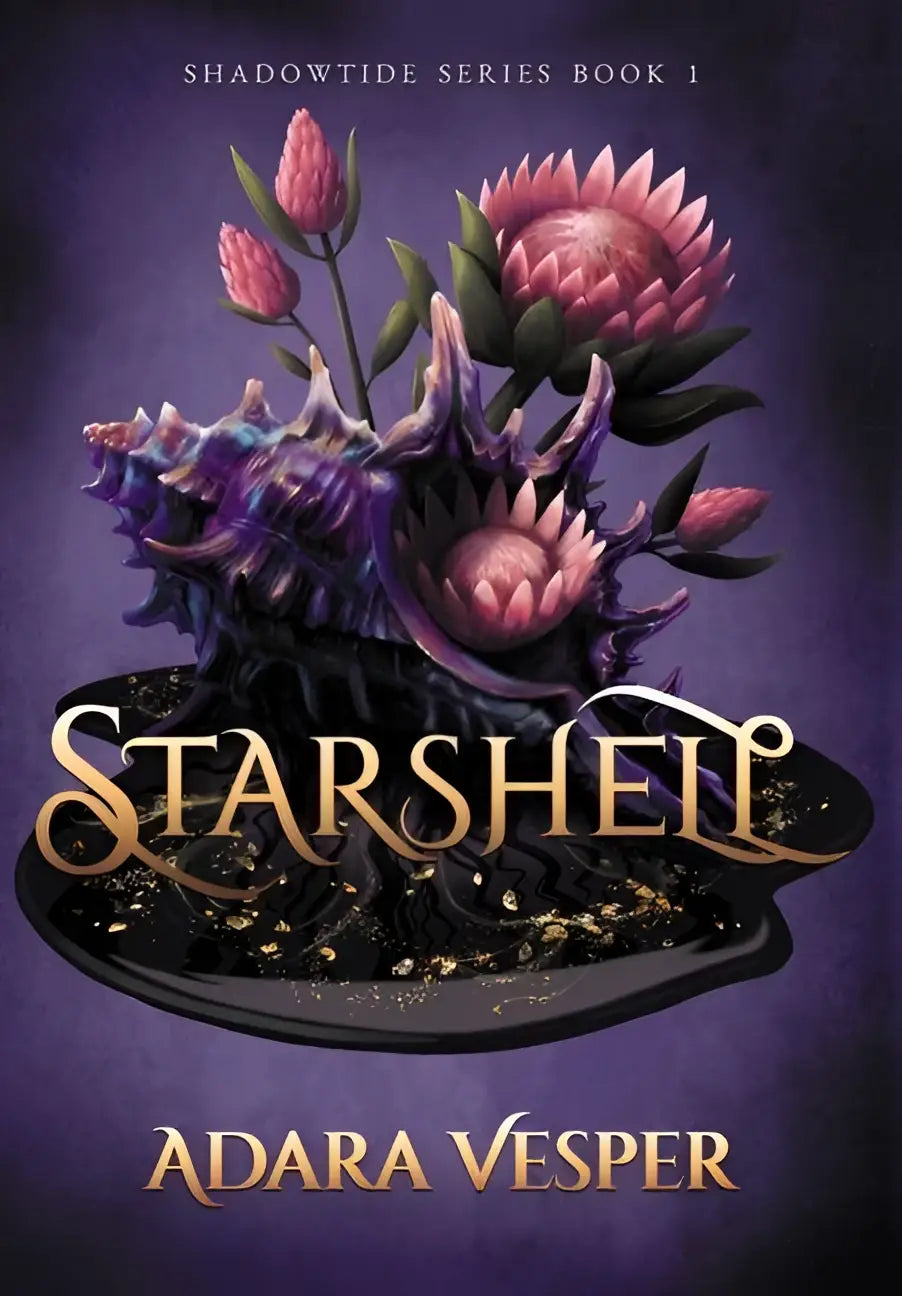 De cover van starshell toont roze proteaachtige bloemen en iriserende paarse schelpen op een glanzend zwart bord